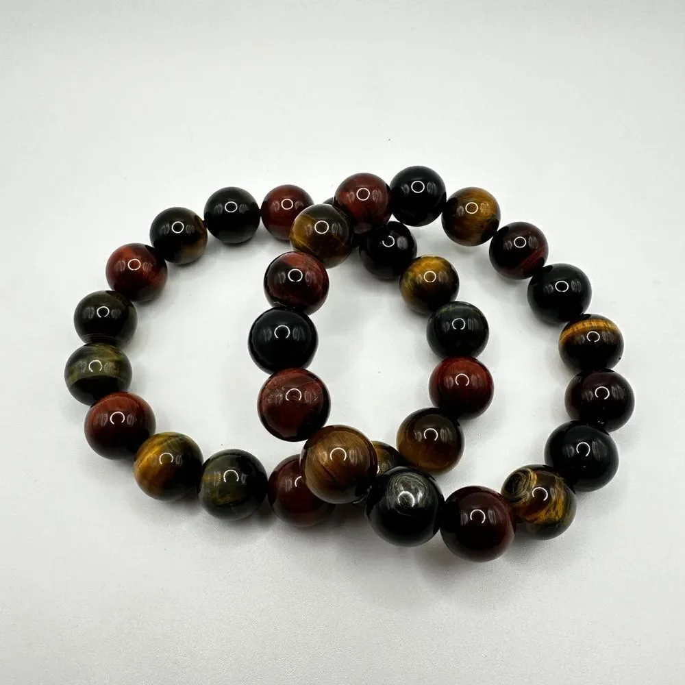 12mm red, black, blue, and yellow tigers eye stone stretchy bracelet!